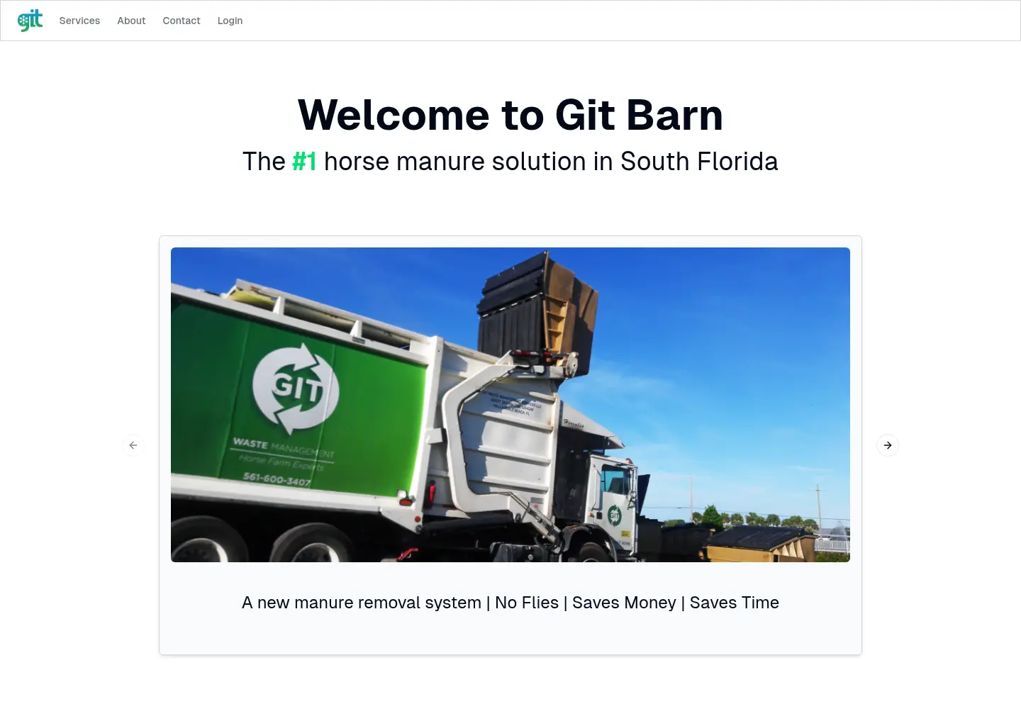Git Barn’s public homepage with service navigation, a customer login link, and a photograph of a manure-removal truck.