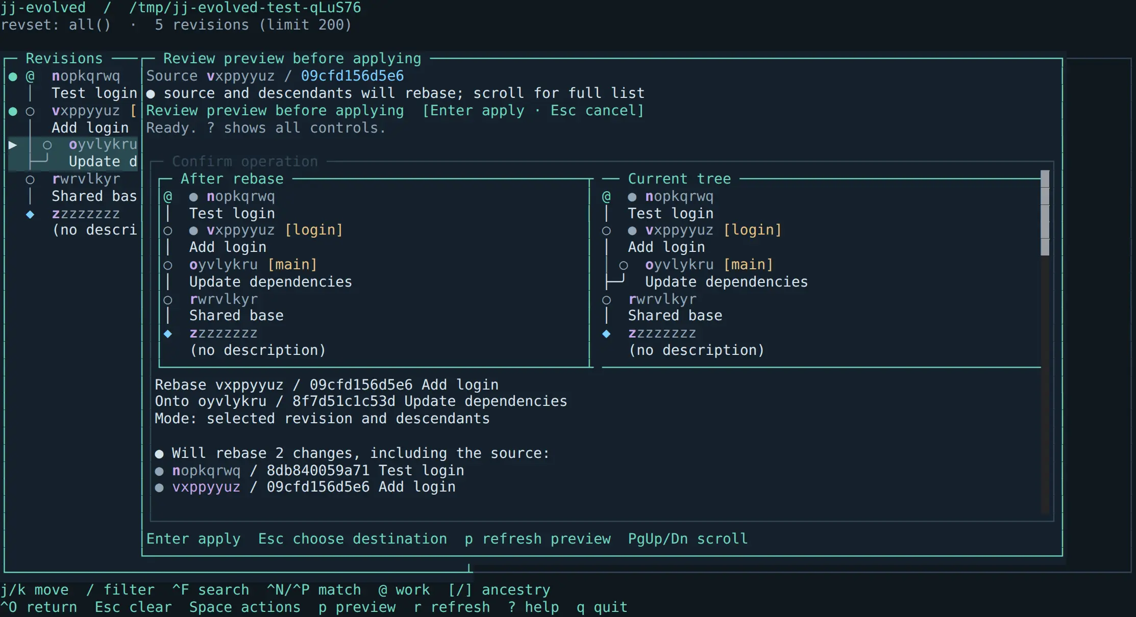 JJ Evolved comparing a proposed rebase on the left with the current revision tree on the right. Two login changes move together onto main.