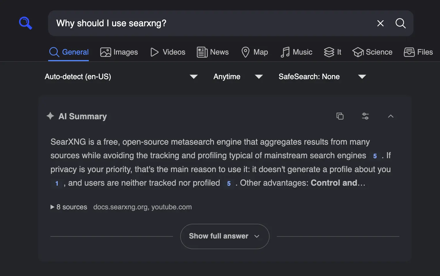 An AI summary in SearXNG’s dark theme, with numbered citations, an expandable source list, and a Show full answer control.